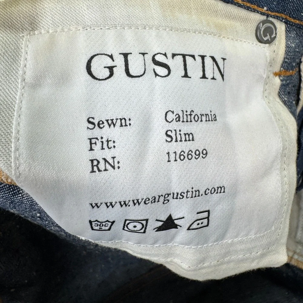 Gustin Slim Fit Mens 33x30 Blue Dark Wash Nep Denim Raw Button Fly Jeans